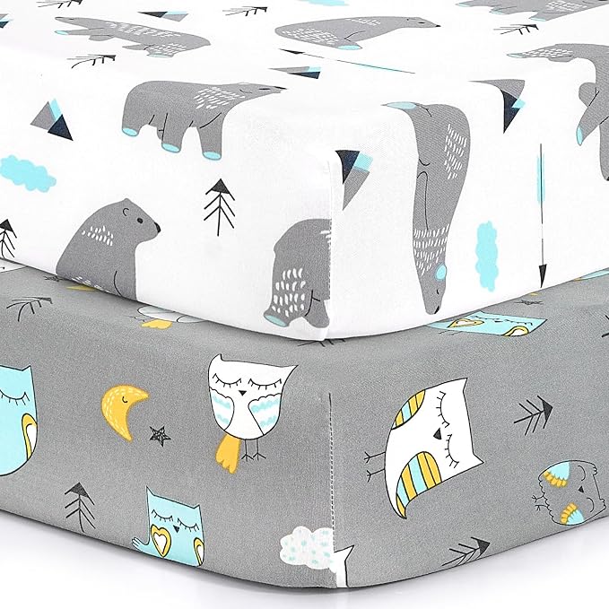 Pack n Play Sheets, BROLEX 2 Pack Mini Crib Sheets,Stretchy Portable Fitted Playard Sheet Set, Convertible Playard Mattress Cover,Ultra Soft Breathable Material,Owl & Bear