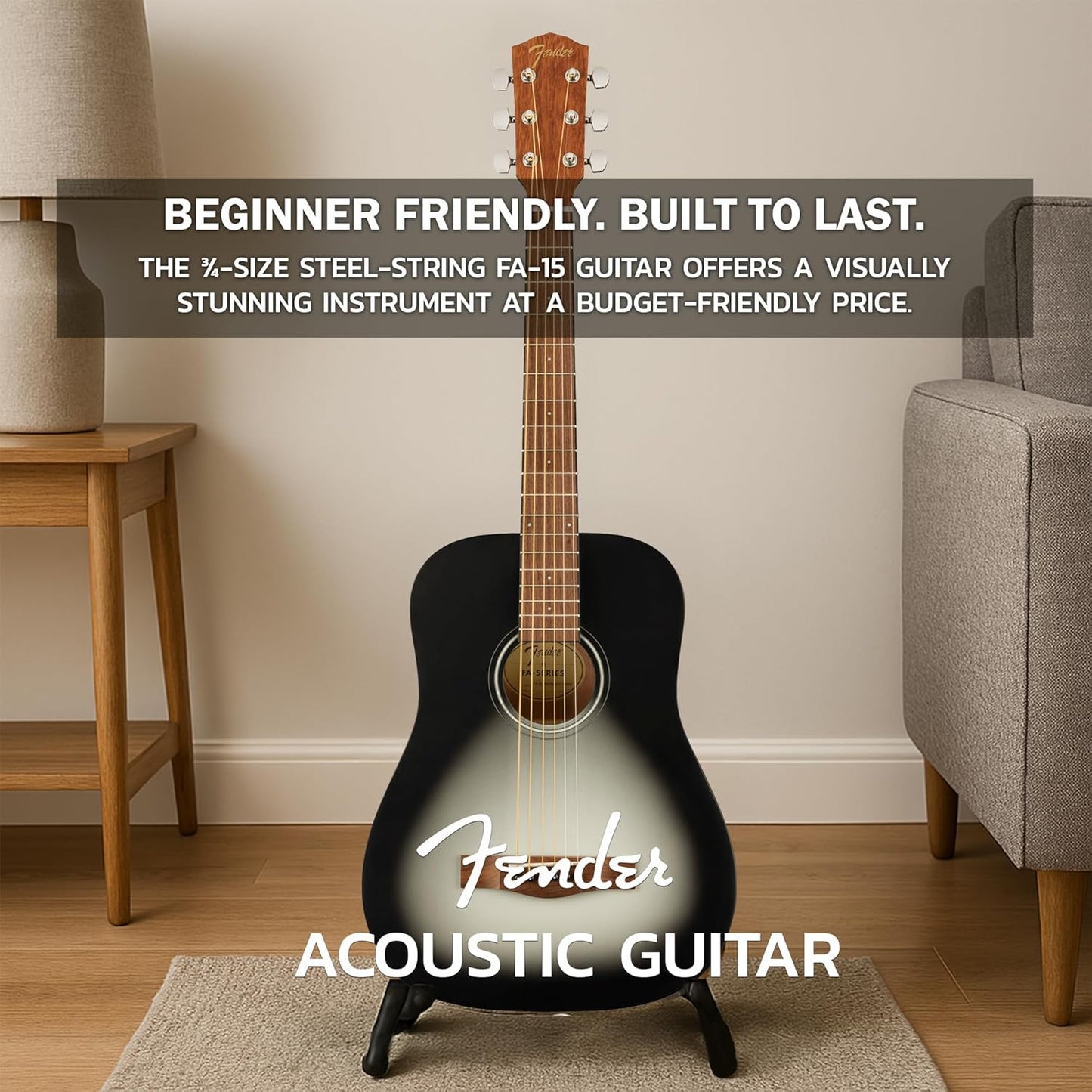 Fender FA-15 3/4-Scale Kids Steel String Acoustic Guitar - Moonlight Burst Bundle with Gig Bag, Tuner, Strap, Picks, Fender Play Online Lessons, and Austin Bazaar Instructional DVD