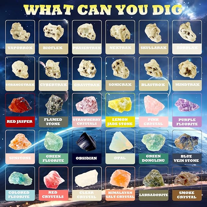 Hiawbon Gemstones Dig Kit, Dig up 6 Planets Find 12 Skulls & 18 Gems Dig Kit, Gem Digging Kit, Planet Space Dig Kit for Christmas Birthday Gifts
