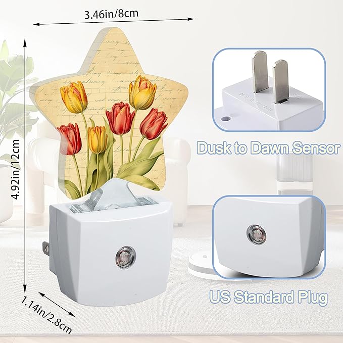 Vintage Tulips Nightlight,Spring Flowers Star Night Lights Plug into Wall Decorations for Bedroom Bathroom,Dusk to Dawn Sensor Kitchen Hallway Stairs Energy Efficient Desk Lamp