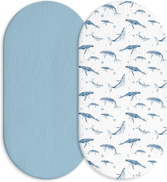 Muslin Bassinet Fitted Sheets, 2 Pack for Baby Boy and Girl, Soft Breathable Baby Pad/Mattress Sheet, Fit for Hourglass Oval and Rectangle Bassinet Mattress (Blue Whale, Bassinet Sheets 2 Pack)