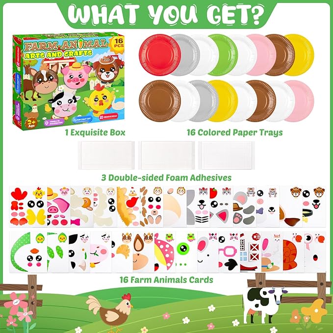 16 Pack Arts and Crafts for Kids, Toddler Crafts Animal Paper Plate Art Kit Gift for 3 4 5 6 Year Old Boys Girls DIY Kids for Birthday Party Favor Preschool Classroom Party Games (Farm)
