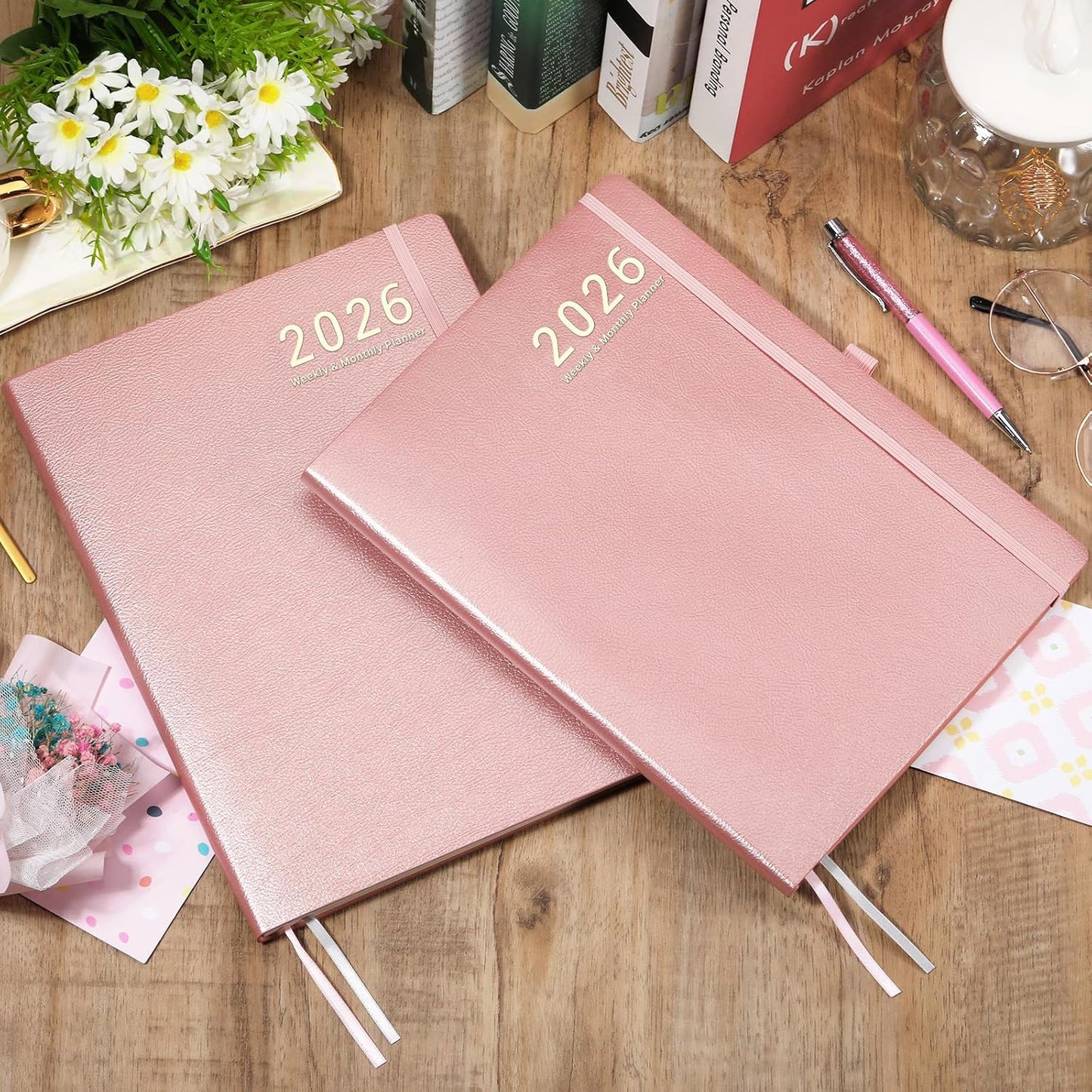 2026 Planner - JAN 2026 - DEC 2026, Planners 2026, Planner Weekly and Monthly, Leather Cover Calendar Planers with Thick Paper, Back Pocket with Notes Pages, Pink (8.5" x 11")
