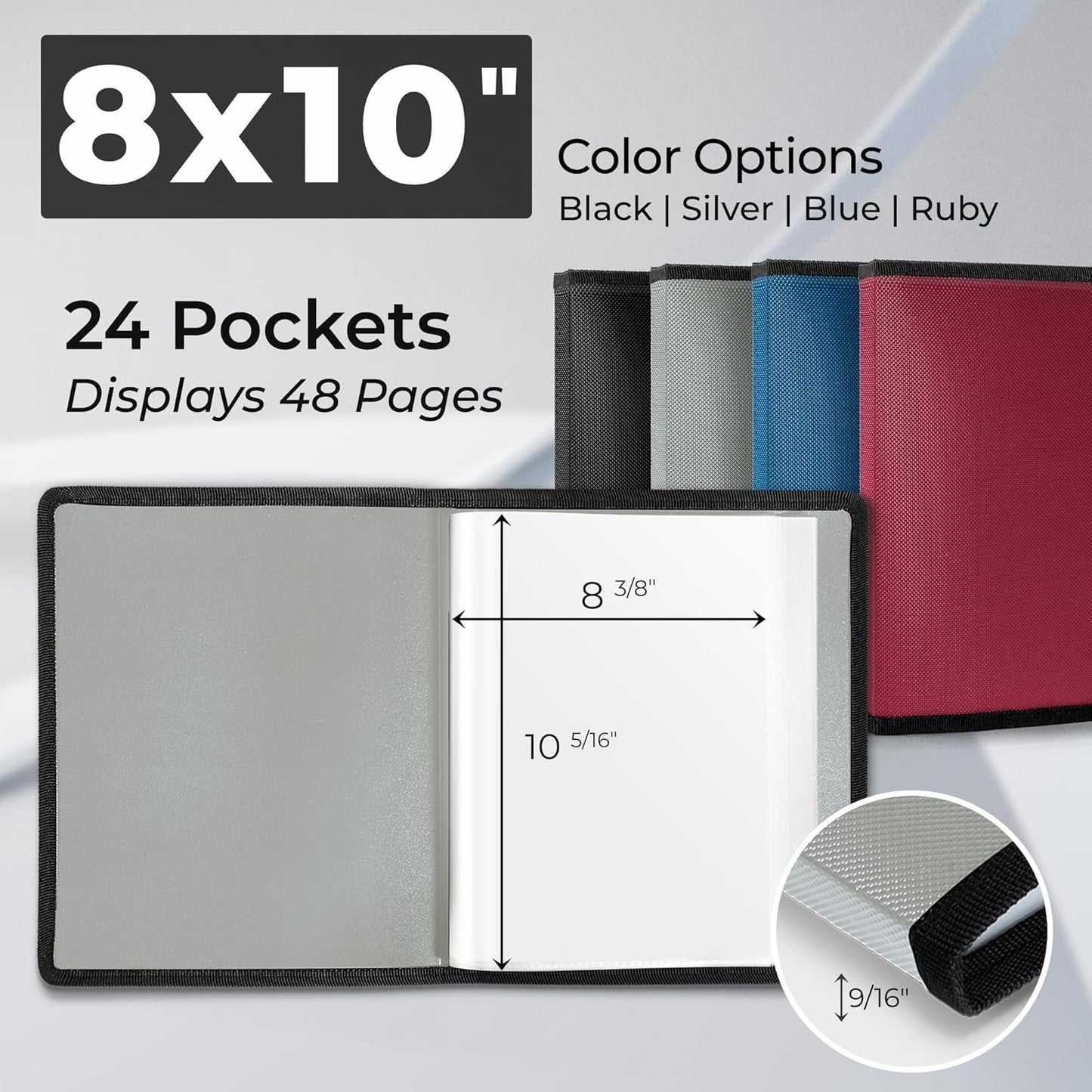 Dunwell Photo Album 8x10 (Silver) with Black Mounting Paper, 8 x 10 Photo & Art Portfolio Presentation Book, 24 Sleeves, Displays 48 Pages, Professional Photography Book for Pictures, Artwork