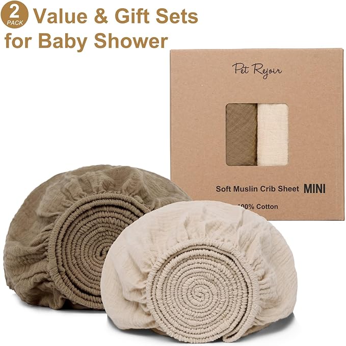 Muslin Mini Crib Sheets for Girls & Boys-2 Pack 24"x 38" Soft Baby Mattress Sheets Fitted-No Slip Neutral Toddler Cotton Bedding-Nursery Décor Taupe Brown & Light Beige