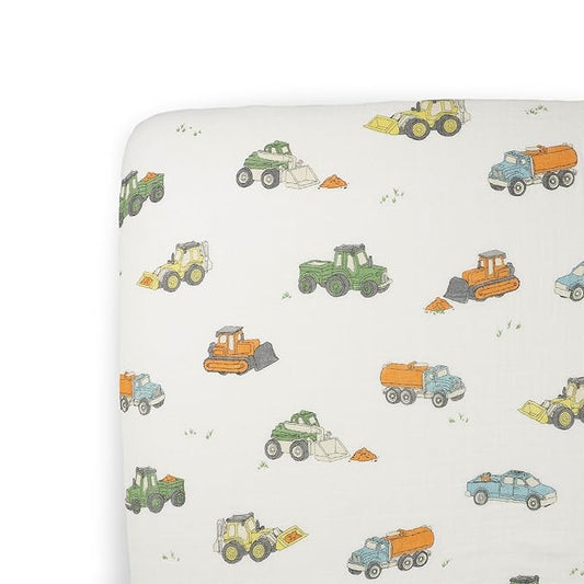 Little Unicorn Premium Crib Sheet | Breathable & Super-Soft Muslin Fabric (Work Trucks)
