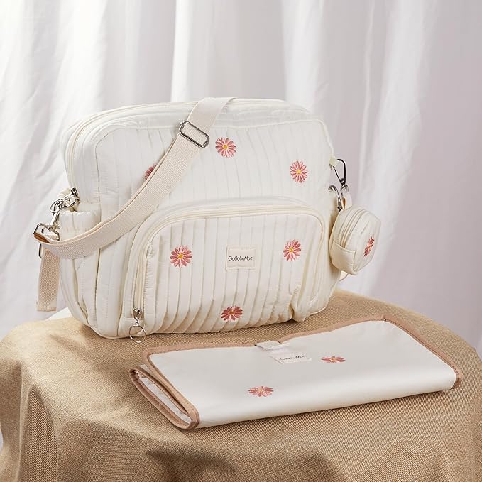 Diaper Bag Backpack, Medium Maternity baby bag & Changing Pad, Insulated Pockets, Stroller Straps & Pacifier Case (Medium - Beige Flowers)