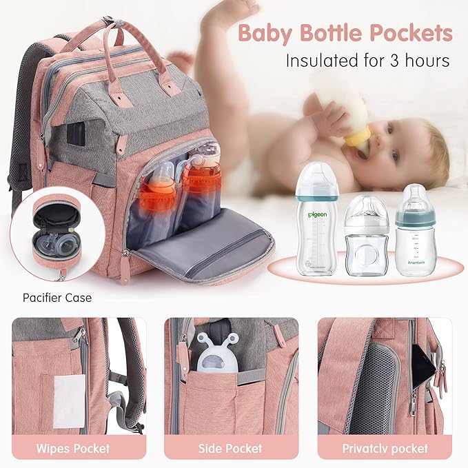 DERJUNSTAR Diaper Bag Backpack – Large Capacity Baby Diaper Bag with Changing Pad, Waterproof Travel Backpack for Boys & Girls, Multi-Function Baby Bag with USB Charging Port, Rose Pink