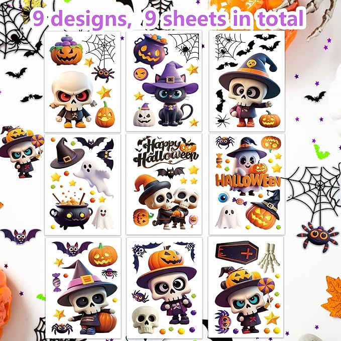 9 Sheets Halloween Window Clings,Cut Ghost Pumpkin Bat Cat Stickers,Reusable Halloween Window Decals Decorations for Party Supplies Home Shop Glass Decor