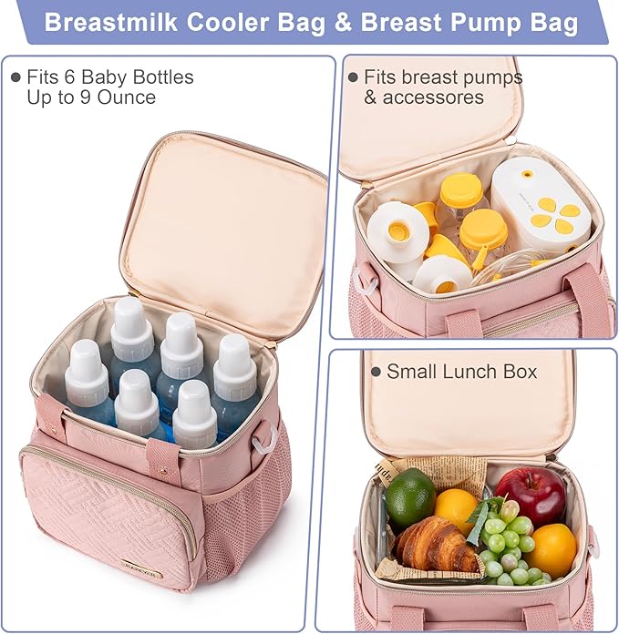 Breastmilk Cooler Bag with Ice Pack Fits 6 Baby Bottles up to 9 Ounce, Breast Milk Pump Cooler Bag for Nursing Mom Daycare, Work, Travel-Pink