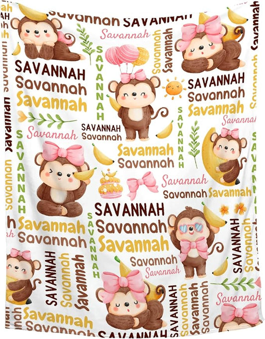 Personalized Baby Blanket for Girls Boys Kids Monkey Custom Baby Blanket with Name Throw Birthday Gift for Toddlers Infants Shower Newborns Nursery Stroller Crib Bed Decor