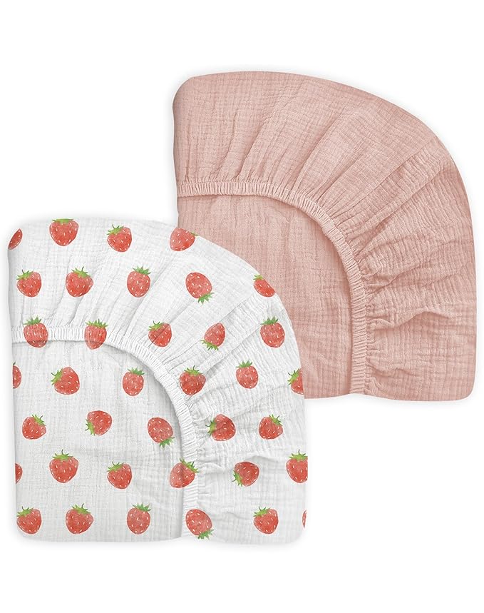 Mini Crib Sheets for Baby Boy Girl 2 Pack, Neutral Mini Crib Mattress Sheet 24" x 38", Muslin Nursery Bedding Soft and Breathable Comfort (Strawberry & Pale Pink)