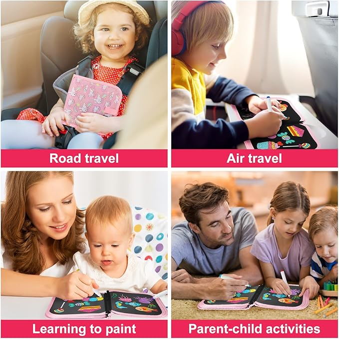 Erasable Book Doodle Set for Kids,Reusable Magic Drawing Book for Kids with 12 Watercolor Pens 14 Page Drawing,Road Trip Car Game Writing Painting Set for Boys and Girls (Pink Unicorn)