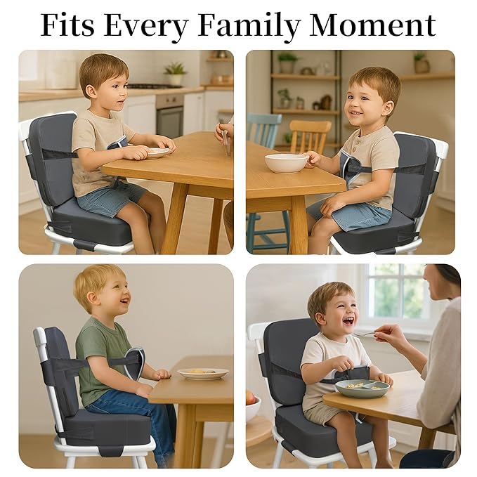 Toddler Booster Seat for Kitchen Chair and Dining Table, Non-Slip Cushion with Backrest, Adjustable Straps, Waterproof and Portable for Travel - Dark Grey