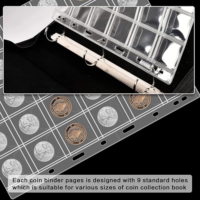 12 Sheets Coin Collection Pages, Pocket Page with 360 Pockets, Coin Binder Inserts Sleeves with Standard 9 Hole for Coin Album. Storage Holder for Currency, Stamp and Other Supplies (30 Pockets)
