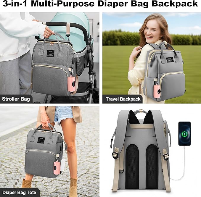 juman Diaper Bag Backpack, Large Diaper Bag with Changing Station, Baby Bag with USB Charging Port, 3 Rolls of Waste Bags with Dispenser, Waterproof Diaper Bags for Boys & Girls, Baby Shower Gifts