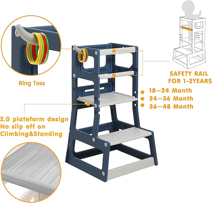 SDADI Adjustable Height Kids Kitchen Step Stool with Removable Safety Rails and Anti-Slip Protection- Toddler Standing Tower with with Ring Toss for Learning and Playing (Blue and Light Grey)