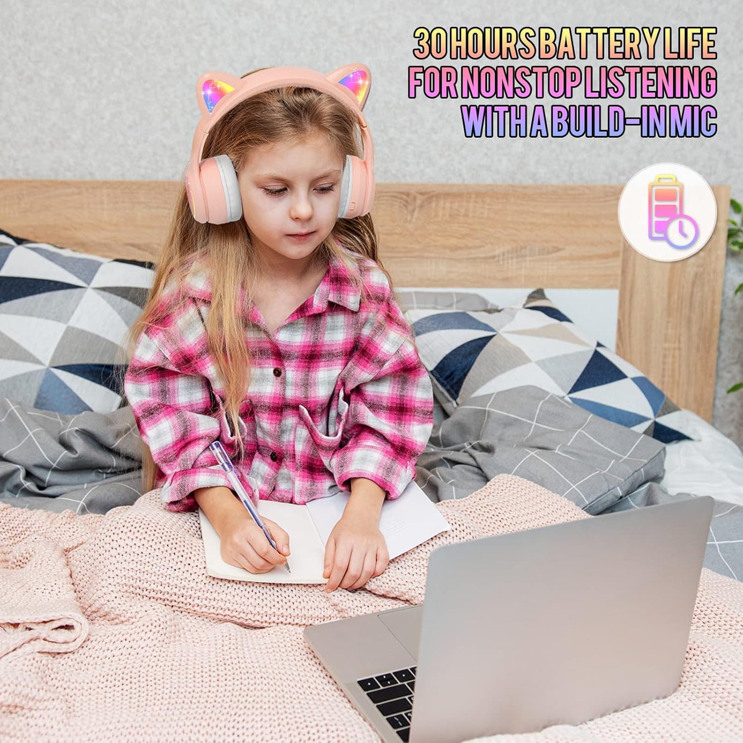 IFECCO Wireless Kids Headphones with Microphone,Foldable Cute Light Up Cat Ear Children Girls Bluetooth Headphones with Case for School Gifts Travel