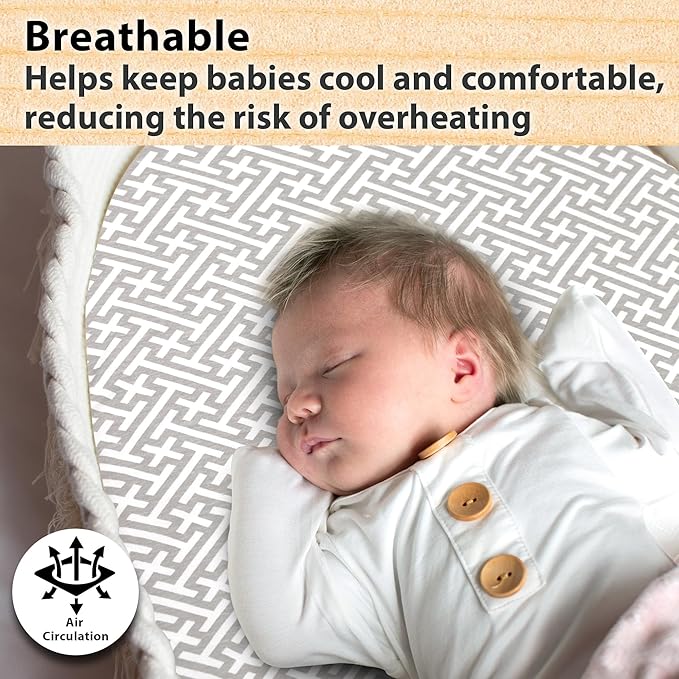 2-Pack Organic Fitted Bassinet Sheets, Compatible with Halo, Snoo, Graco, Dream On Me, Delta, and Other Standard Size Bassinets - Fits Oval, Hourglass, & Rectangle Shapes (Size 32 x 16 x 4 Inches)