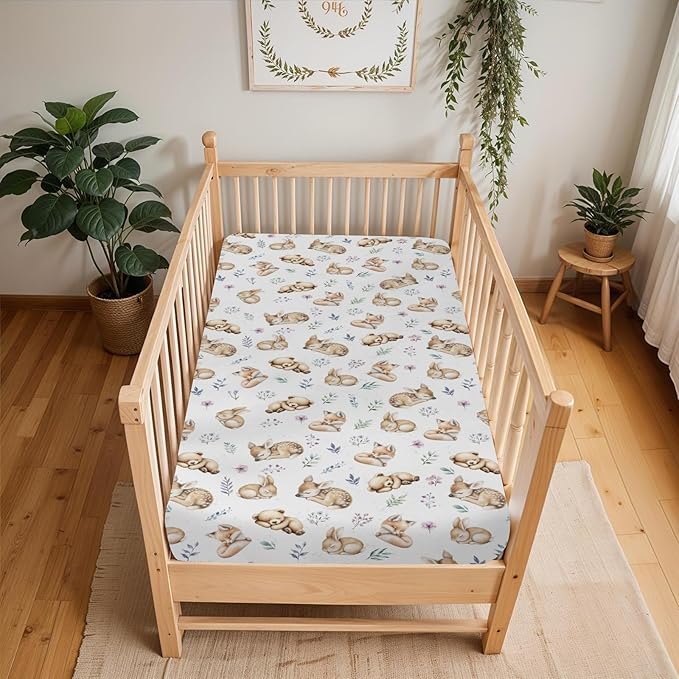 Sleeping Spring Animals Baby Crib Sheets Boy Girl 28"x52" Bear Deer Bunny Floral Leaves Soft Snug Fitted Crib Mattress Cover Cute Animals Baby Sheet for Standard Crib & Toddler Mattress