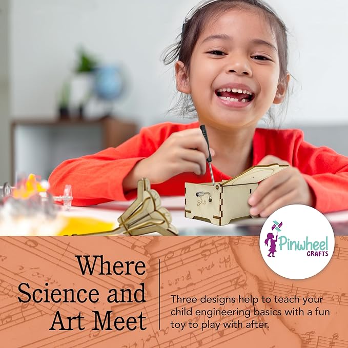 Pinwheel Crafts DIY Wooden Music Box Kit for Kids Age 5+ - Make Your Own Music Box Kit with Carousel, Gramophone and Paints - 3-in-1 Wood STEM Set Gift for Boys and Girls