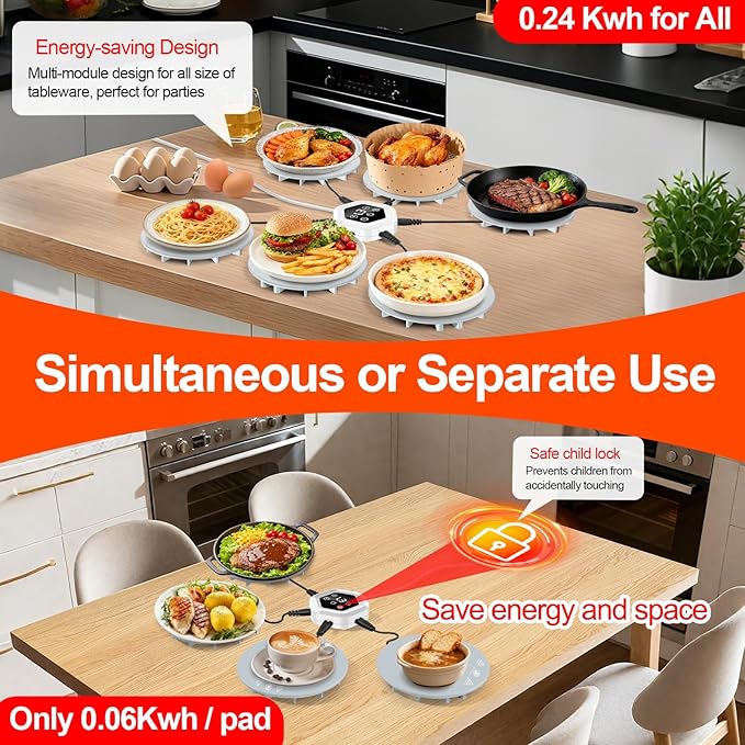 Warming Mat for Food,Upgrade 6-Pad Food Warming Mat,Fast Heating Silicone Warmer Tray with 3 Level Temperature & 3 Timer,Warmer Pad Chafing Dishes Hot Plate for Buffet Parties Gatherings Home Travel