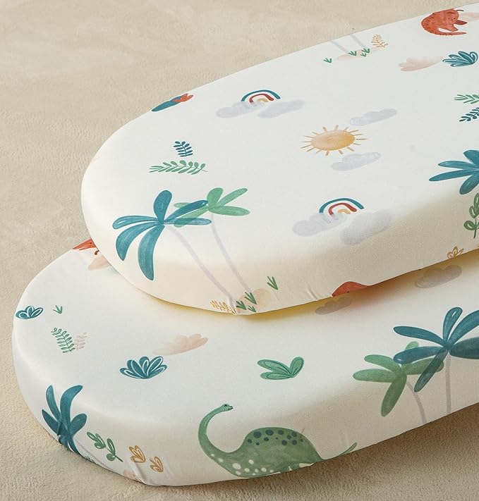 SDY Dinosaur Baby Bassinet Sheets Set 2 Pack for Boys Girls，Elastic Travel Crib Fashionable Floral Pattern, Standard Cradle Safe Sheets Set 32 * 16 * 4 inches (Dino)