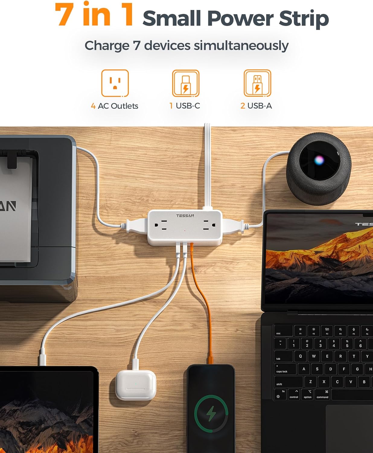 Flat Plug Extension Cord 10 FT, TESSAN Surge Protector Power Strip with 4 AC Outlets 1 USB C and 2 USB A Ports, 900 Joules Protection, Multiple Wall Outlet Extender Suitable for Home Office Dorm