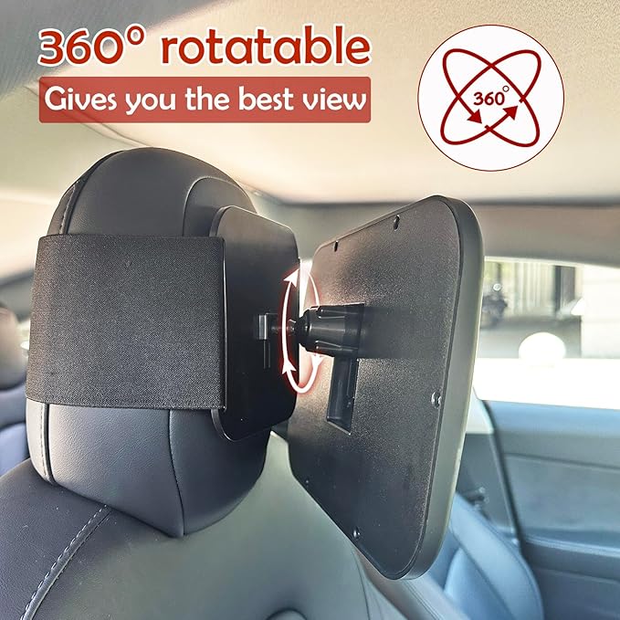 Funbliss Baby Car Mirror for Fixed Headrest, Compatible with Tesla Car Mirror for Baby and Other Models, 360° Rotation Clear & Wide View, Easy Install with Non-Slip Elastic Fixing
