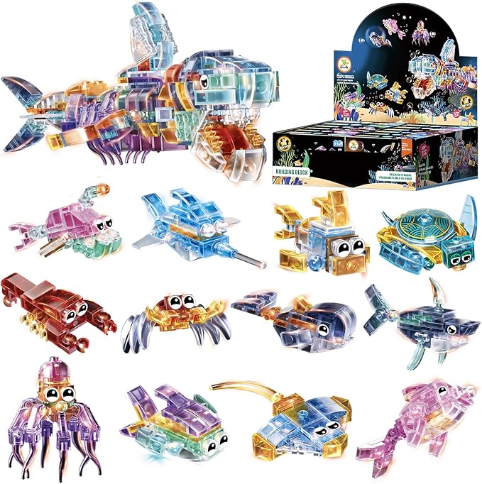 12 Piece Set of Marine Animal Building Blocks, Suitable for Goodie Bags, Stocking Stuffer, Classroom prizes, Birthday Gifts, Boys' and Girls' Toys 12 in one Building Block Set