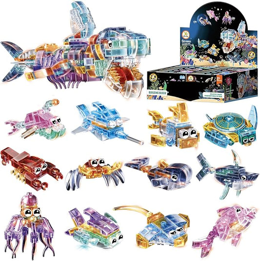 12 Piece Set of Marine Animal Building Blocks, Suitable for Goodie Bags, Stocking Stuffer, Classroom prizes, Birthday Gifts, Boys' and Girls' Toys 12 in one Building Block Set