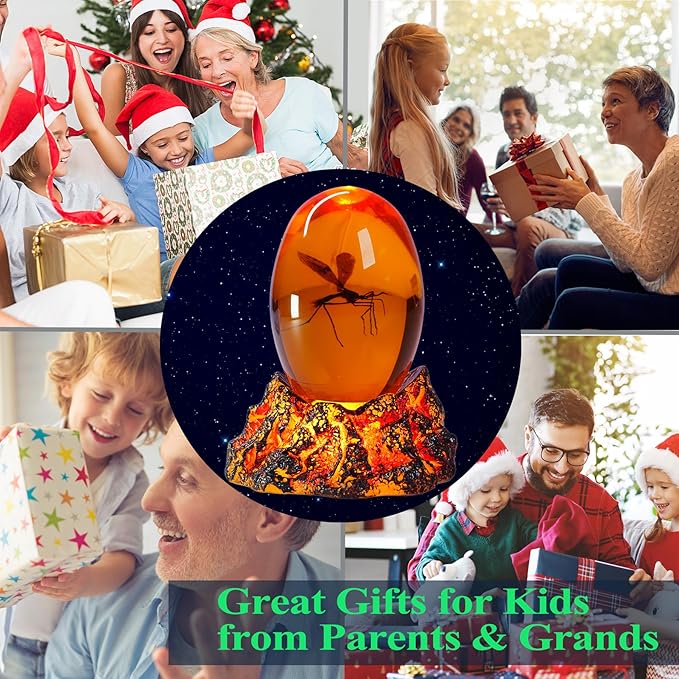 Jurassic 3D Mosquito in Amber Resin, Mosquito Resin with Volcanic Lava Lamp Base with Remote 16 Colors Flshing RGB Dimmmable, True 3D 3.3 Inches Tall Dinosaur DNA Replica Paper Weight Gifts