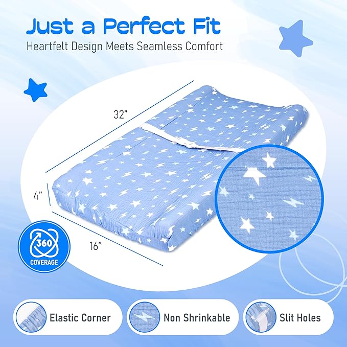 100% Muslin Changing Pad Cover Ultra Soft, Breathable, Secure Fit, Fade-Resistant Prints for Boys and Girls (Pack 2)
