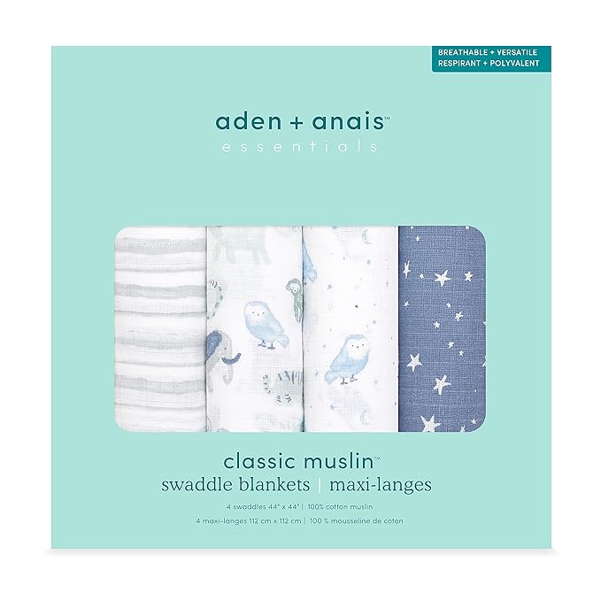 aden + anais Essentials Swaddle Blanket, Boutique Muslin Blankets for Girls & Boys, Baby Receiving Swaddles, Ideal Newborn & Infant Swaddling Set, Perfect Shower Gifts, 4 Pack, Time to Dream