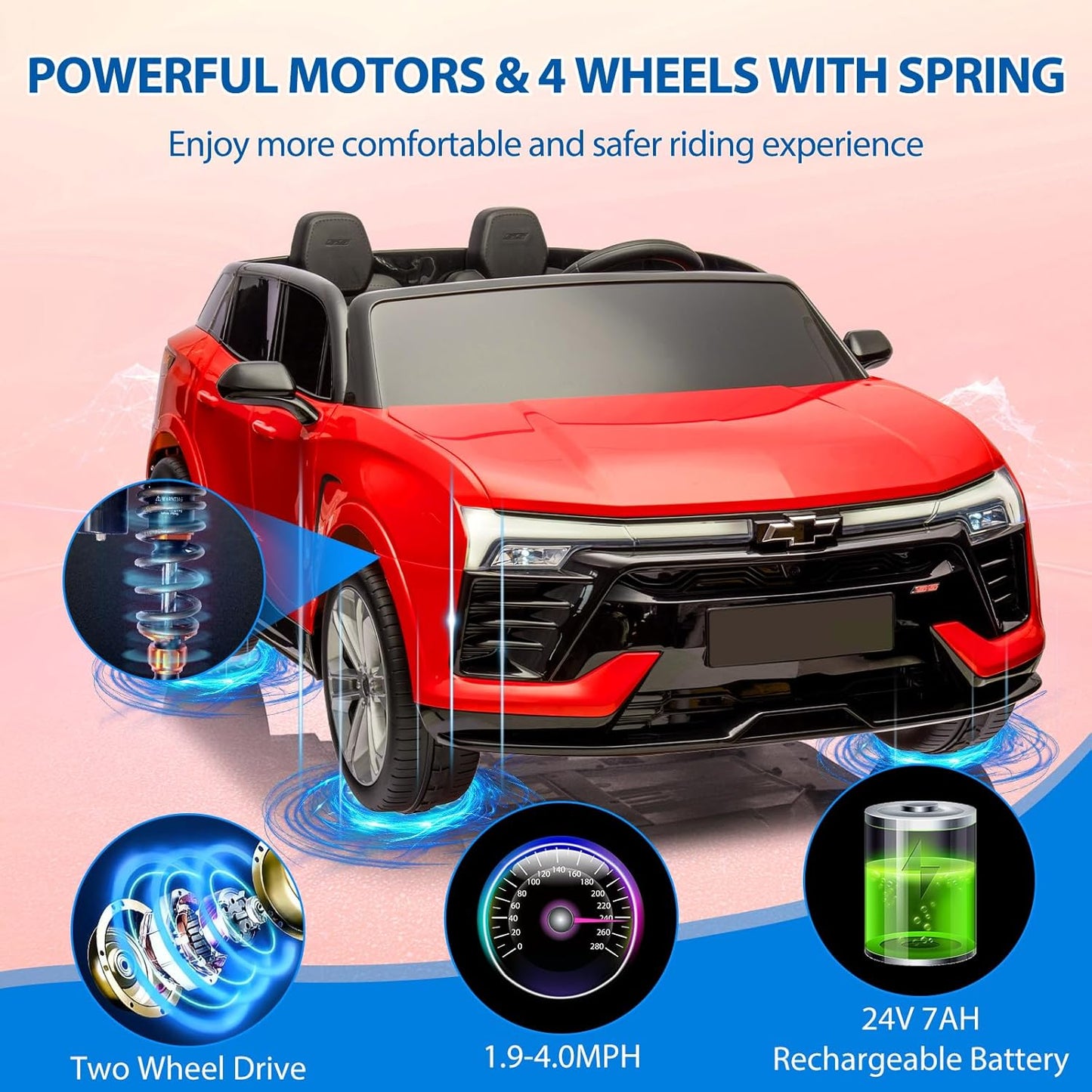 Jojoka Baby Car 24V 2-Seater SUV Licensed Chevrolet Blazer Ride On Toy w/Parent Remote Control,4xSpring Suspension, Wireless Music, Electric Vehicle Car for Kids Ages 3-8, Red