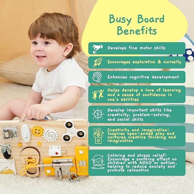 Jumble Dream Wooden Busy Board Montessori Toys for Toddlers and Educational Sensory Busy Board Autism Products & ADHD Activity Board for Learning - Kids Travel Toys for Toddlers Age 1 2 3 4 Years