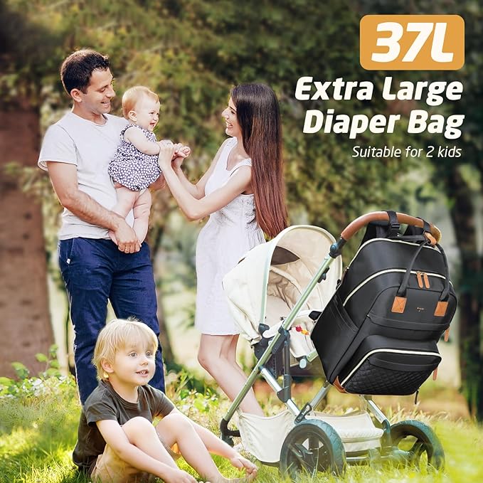 Diaper Bag Backpack - Extra Large Diaper Bag for 2 Kids Twin, Travel Baby Bags for Mom Dad 25-37L Expandable with Changing Pad Earphone Hole, Solid Black
