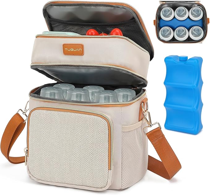 Double Layer Breastmilk Cooler Bag with Ice Pack Insulated Travel Bag for Baby Bottle Breast Milk Storage & Feeding Fits 6 Bottles Up to 9 Ounces Portable Leakproof Bottle Bag for Travel Daycare