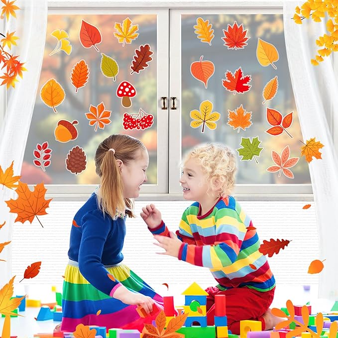 MARFOREVER 25 PCS Fall Window Gel Clings, Reusable Autumn Maple Leaves Thick Gel Clings Decals Thanksgiving Window Stickers for Kids Classroom Toddlers Home Party Supplies Window Glass Decorations