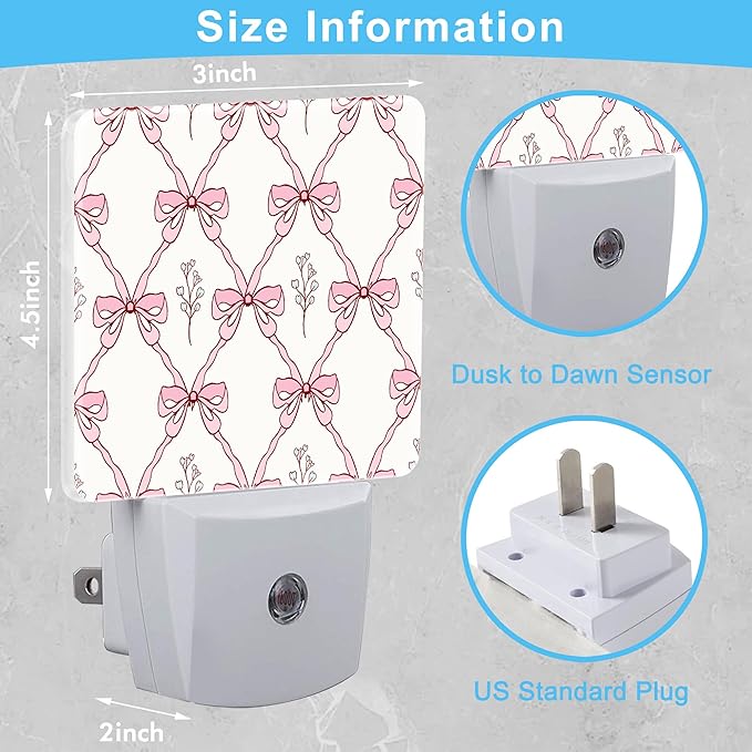 Vintage Retro Pink Ribbon Plug in Night Light with Auto Dusk to Dawn Sensor,Warm Night Lights for Boys Girls Bedroom Bathroom Hallway Kids Room Gifts