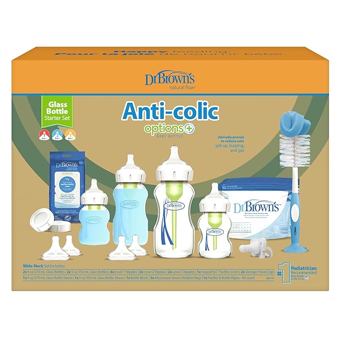 Dr. Brown's Natural Flow Anti-Colic Options+ Wide-Neck Glass Baby Bottle Starter Set with 100% Silicone Glass Bottle Sleeves, Baby Bottle Brush, Prevent Pacifier and Pacifier and Bottle Wipes