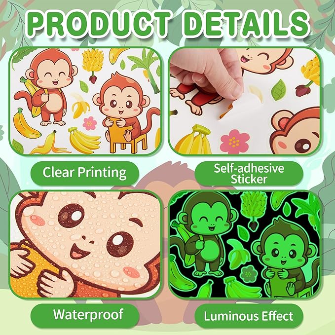 Glow in The Dark Cute Monkeys and Bananas Wall Decals, Animal Stickers for Baby Girls Boys Room, Luminous Ceiling Decor for Bedroom Playroom Nursery
