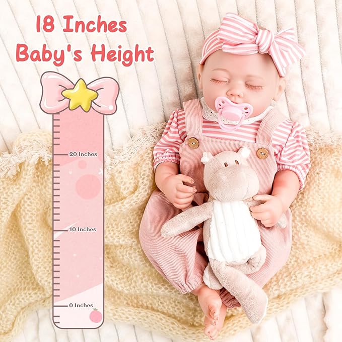 Jirachi Lifelike Reborn Baby Dolls Girl, 18-inch Full Vinyl Body Sleeping Newborn Real Baby Doll Adorable Pink Realistic Baby Dolls with Feeding Kit Gift for Kids Age 3+