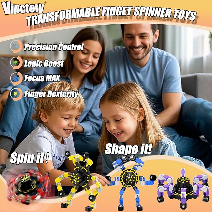 4Pcs Transformable Fidget Spinners for Kids Sensory Fidget Toys Teens Quiet Airplane Road Trip Travel Activities Essential Stocking Stuffers Bulk Gifts for Boys Girls Toddlers Autism ADHD C