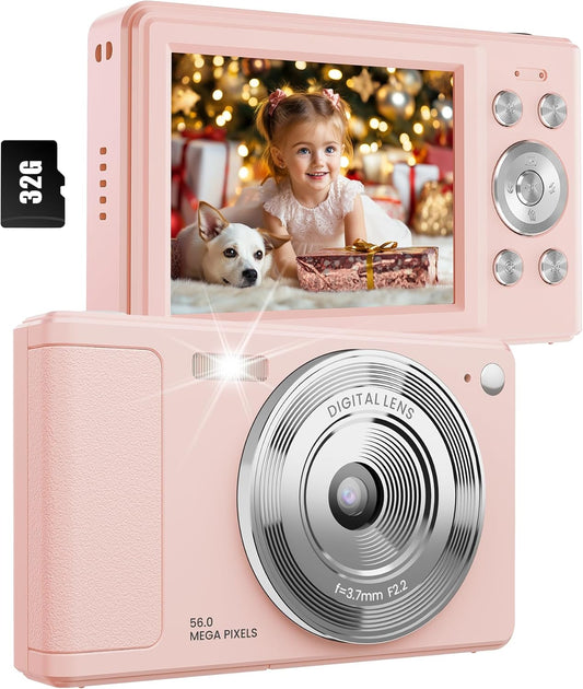 Digital Camera, 56MP FHD 1080P Point & Shoot Camera with 32GB SD Card, 2 Batteries, and Lanyard, Ideal for Kids & Teens, Suitable Gift for Girls
