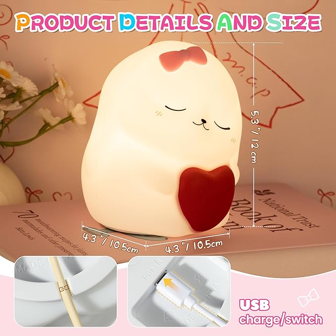 Night Light for Kids, Rechargeable Dimmable Silicone LED Nightlight with 7 Colors, Baby Nursery Night Lamp, Touch Squishy Lamp, Cute Gifts for Girls, Boys, Toddler Room Decor, Rabbit