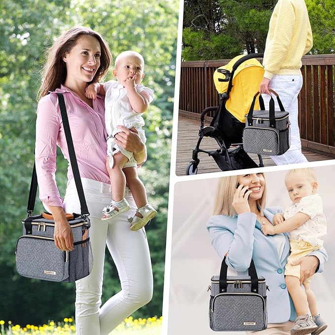 Breastmilk Cooler Bag with Ice Pack Fits 6 Baby Bottles up to 9 Ounce, Breast Milk Pump Cooler Bag for Nursing Mom Daycare, Work, Travel-Grey