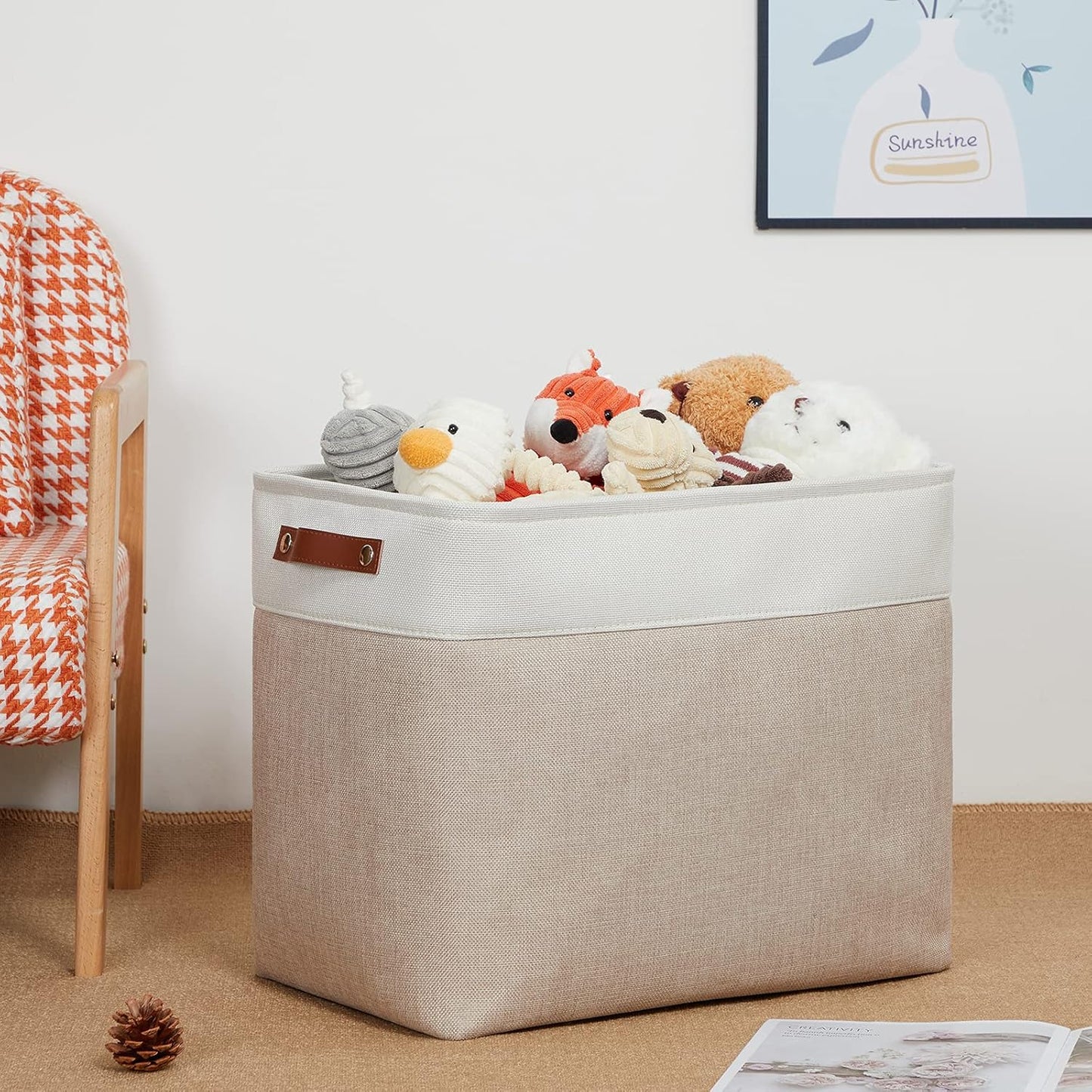 DULLEMELO Extra Large Storage Baskets, Fabric Storage Bins for Organizing Shelves Nursery Toys Books, Closet Baskets and Bins with Handles, White&Khaki, 2-Pack