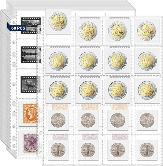1200 Pockets Acid Free Coin Sleeves, Fit for Coin Flips 2x2 inch, 60 Pack 3 Ring Binder Sleeves Clear Plastic Stamp Collecting Supplies, Non Stick and Non Glare
