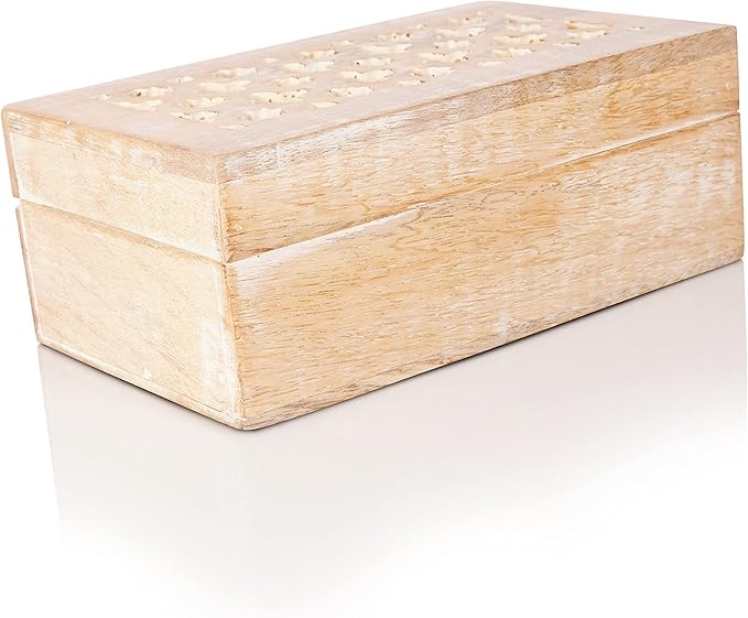 Mela Artisans Wooden Keepsake Box | Whitewash Mango Wood Memory & Photo Storage Box with Hinged Lid | Decorative Storage Box | Medium | 7.5x4.5x3 Inch